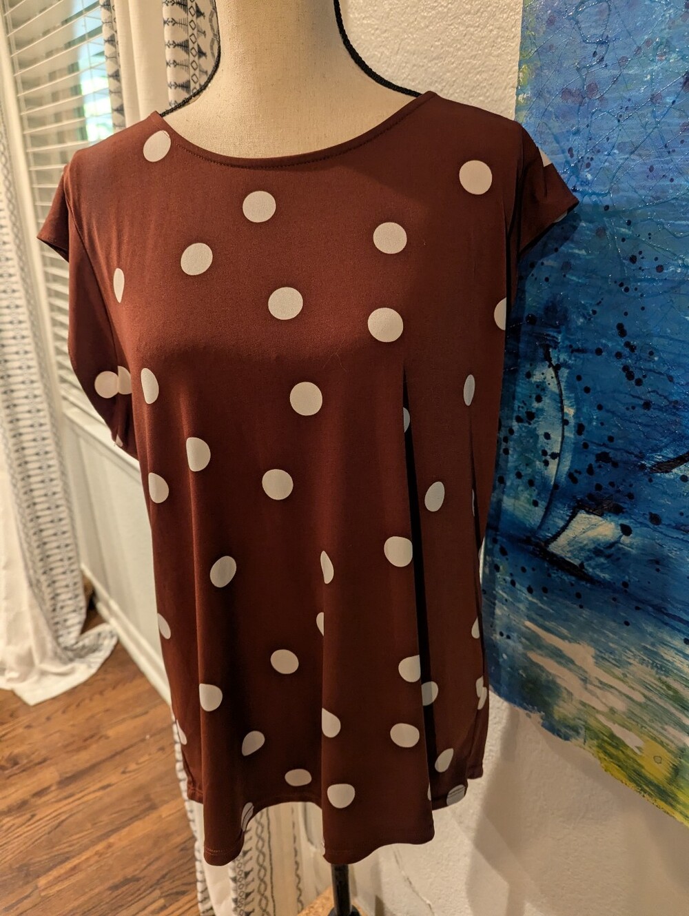 Women’s Caramel Brown with white Polka Dot Short Sleeve Top.